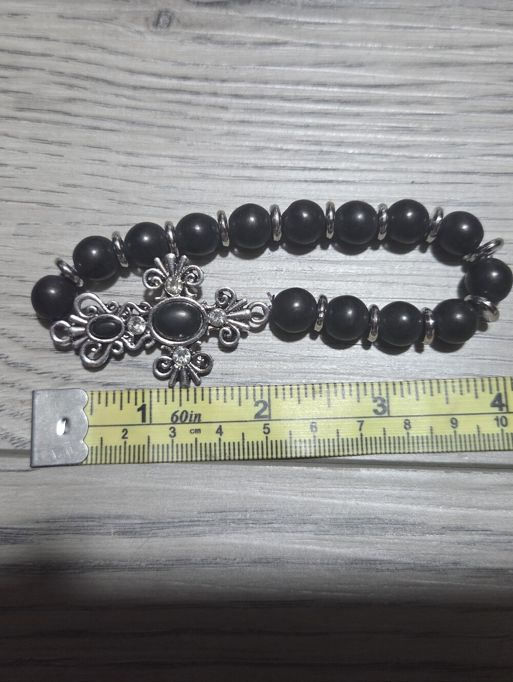 Y2K Deadstock Black Beaded Cross Bracelet Goth Emo Punk Stretch Victorian Silver